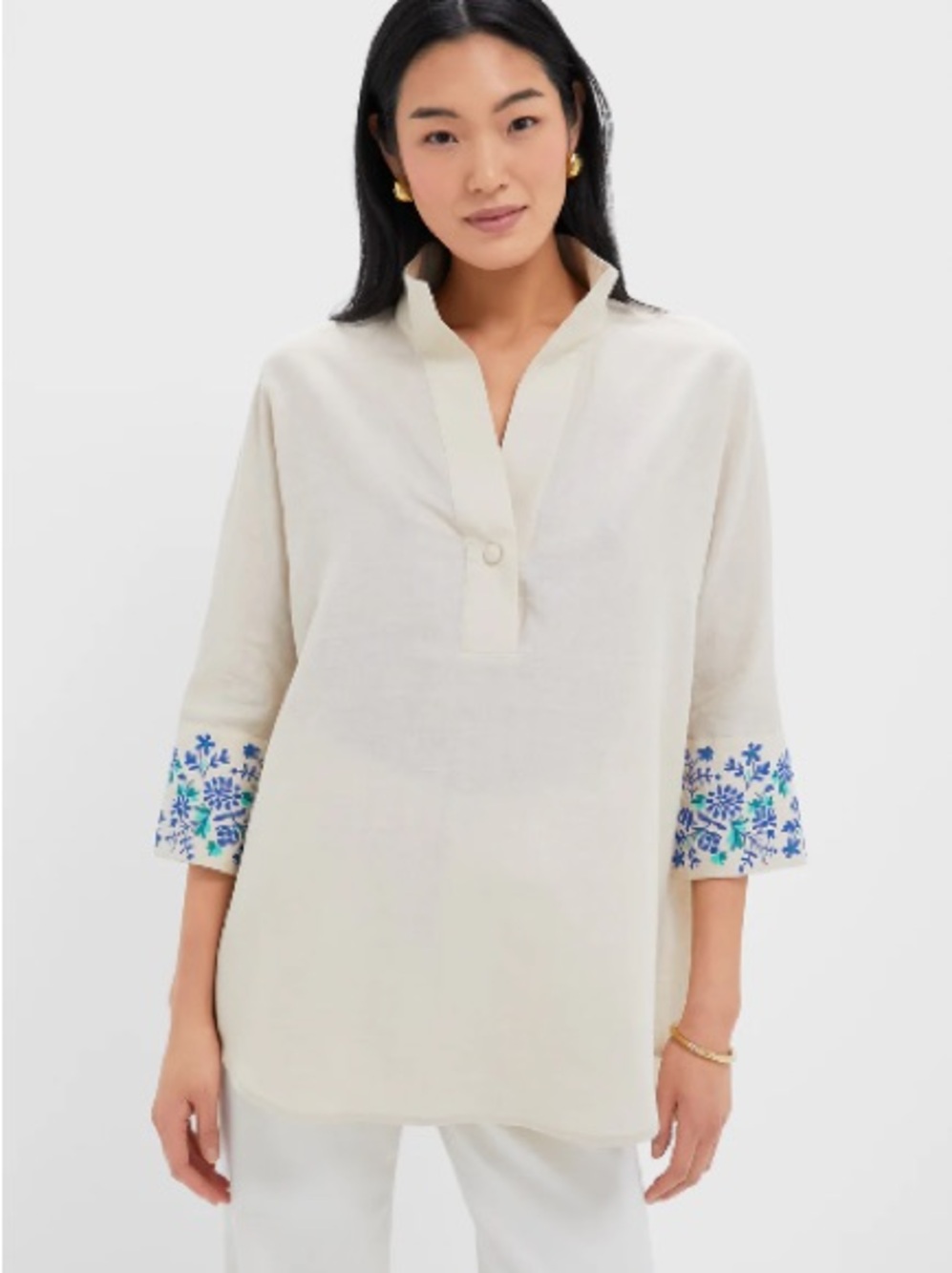 Tuckernuck Tan Floral Cuff Cotton Linen Willow Blouse
